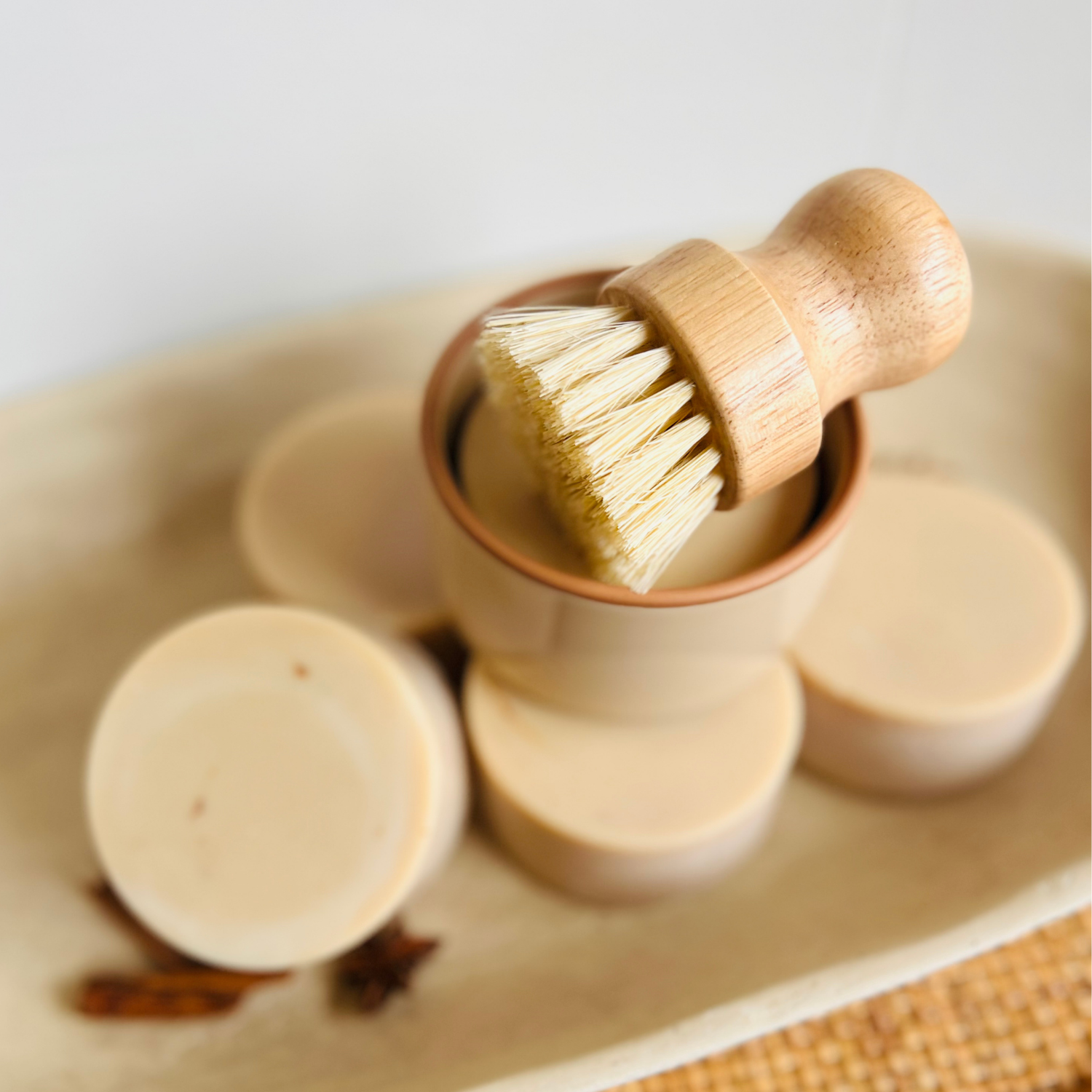 Fall dish soap refill collection with cinnamon sticks, star anise, and rattan tray